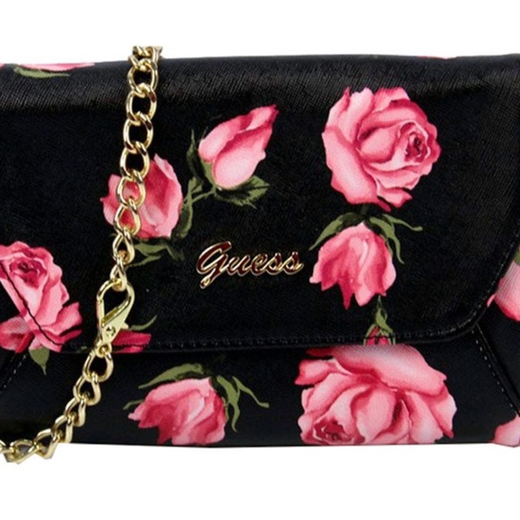 Guess Handbags - Guess Black and Pink Floral Clutch with Gold Chain